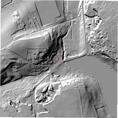 Shaded relief map of the ground around WF27SX, computed from Environment Agency LiDAR. The ground here sits at about 37 m above sea level and falls 35 m across the surrounding 800 m. Surface water reaching this point runs off ground lying to the west, 27.8 m higher.