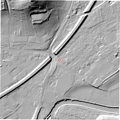 Shaded relief map of the ground around WF27TG, computed from Environment Agency LiDAR. The ground here sits at about 25 m above sea level and falls 42 m across the surrounding 800 m. Surface water reaching this point runs off ground lying to the north-north-west, 39.6 m higher.