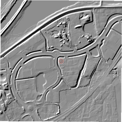 Shaded relief map of the ground around WF27UA, computed from Environment Agency LiDAR. The ground here sits at about 27 m above sea level and falls 10 m across the surrounding 800 m. Surface water reaching this point runs off ground lying to the south, 2.8 m higher.