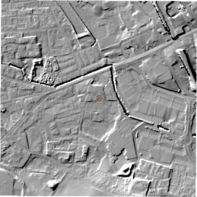 Shaded relief map of the ground around WF28AJ, computed from Environment Agency LiDAR. The ground here sits at about 28 m above sea level and falls 20 m across the surrounding 800 m. Surface water reaching this point runs off ground lying to the north, 3.2 m higher.
