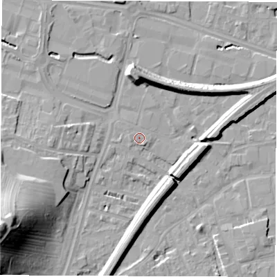 Shaded relief map of the ground around WF28DH, computed from Environment Agency LiDAR. The ground here sits at about 25 m above sea level and falls 35 m across the surrounding 800 m. Surface water reaching this point runs off ground lying to the south-east, 1.5 m higher.