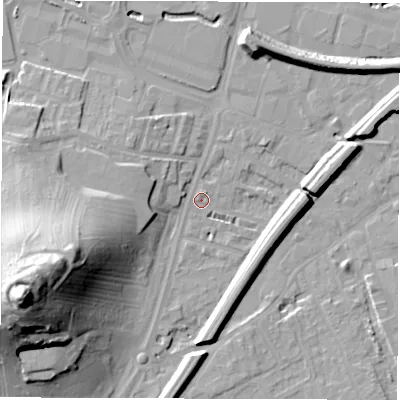 Shaded relief map of the ground around WF28DJ, computed from Environment Agency LiDAR. The ground here sits at about 25 m above sea level and falls 44 m across the surrounding 800 m. Surface water reaching this point runs off ground lying to the north-north-east, 1.1 m higher.