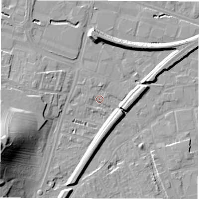 Shaded relief map of the ground around WF28DP, computed from Environment Agency LiDAR. The ground here sits at about 25 m above sea level and falls 34 m across the surrounding 800 m. Surface water reaching this point runs off ground lying to the west-south-west, 33.2 m higher.