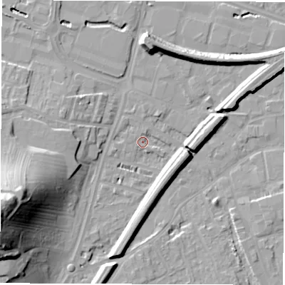 Shaded relief map of the ground around WF28DR, computed from Environment Agency LiDAR. The ground here sits at about 24 m above sea level and falls 36 m across the surrounding 800 m. Surface water reaching this point runs off ground lying to the west-south-west, 34.9 m higher.