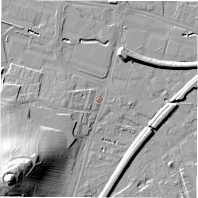Shaded relief map of the ground around WF28DW, computed from Environment Agency LiDAR. The ground here sits at about 26 m above sea level and falls 44 m across the surrounding 800 m. Surface water reaching this point runs off ground lying to the south-west, 42.1 m higher.