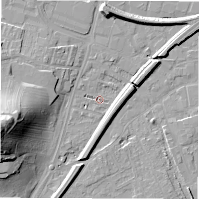 Shaded relief map of the ground around WF28DZ, computed from Environment Agency LiDAR. The ground here sits at about 24 m above sea level and falls 38 m across the surrounding 800 m. Surface water reaching this point runs off ground lying to the east-north-east, 6.6 m higher.