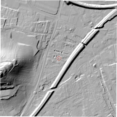 Shaded relief map of the ground around WF28EA, computed from Environment Agency LiDAR. The ground here sits at about 25 m above sea level and falls 44 m across the surrounding 800 m. Surface water reaching this point runs off ground lying to the west, 1.2 m higher.