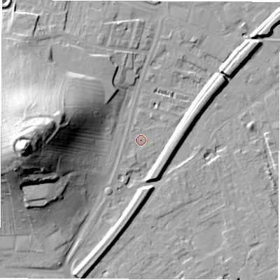 Shaded relief map of the ground around WF28EB, computed from Environment Agency LiDAR. The ground here sits at about 25 m above sea level and falls 44 m across the surrounding 800 m. Surface water reaching this point runs off ground lying to the south-west, 0.9 m higher.