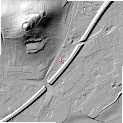 Shaded relief map of the ground around WF28ED, computed from Environment Agency LiDAR. The ground here sits at about 25 m above sea level and falls 44 m across the surrounding 800 m. Surface water reaching this point runs off ground lying to the south, 5.0 m higher.