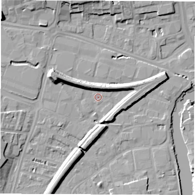 Shaded relief map of the ground around WF28EE, computed from Environment Agency LiDAR. The ground here sits at about 25 m above sea level and falls 18 m across the surrounding 800 m. Surface water reaching this point runs off ground lying to the west-north-west, 10.6 m higher.