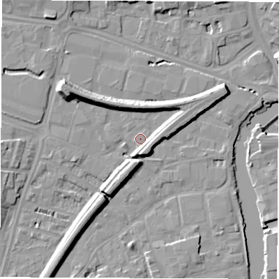 Shaded relief map of the ground around WF28EF, computed from Environment Agency LiDAR. The ground here sits at about 25 m above sea level and falls 15 m across the surrounding 800 m. Surface water reaching this point runs off ground lying to the west-north-west, 12.0 m higher.