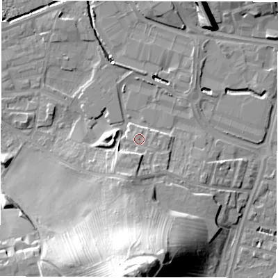 Shaded relief map of the ground around WF28FF, computed from Environment Agency LiDAR. The ground here sits at about 29 m above sea level and falls 38 m across the surrounding 800 m. Surface water reaching this point runs off ground lying to the south-south-west, 6.4 m higher.