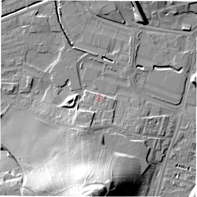 Shaded relief map of the ground around WF28FH, computed from Environment Agency LiDAR. The ground here sits at about 29 m above sea level and falls 38 m across the surrounding 800 m. Surface water reaching this point runs off ground lying to the south, 2.7 m higher.