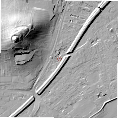 Shaded relief map of the ground around WF28PH, computed from Environment Agency LiDAR. The ground here sits at about 25 m above sea level and falls 44 m across the surrounding 800 m. Surface water reaching this point runs off ground lying to the west-north-west, 43.5 m higher.