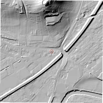 Shaded relief map of the ground around WF28PL, computed from Environment Agency LiDAR. The ground here sits at about 26 m above sea level and falls 45 m across the surrounding 800 m. Surface water reaching this point runs off ground lying to the north, 41.6 m higher.
