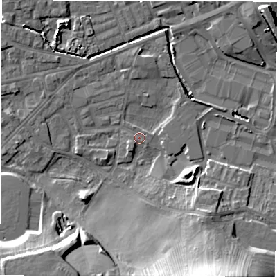 Shaded relief map of the ground around WF28SN, computed from Environment Agency LiDAR. The ground here sits at about 27 m above sea level and falls 23 m across the surrounding 800 m. Surface water reaching this point runs off ground lying to the south-south-east, 22.0 m higher.
