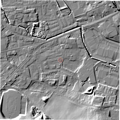 Shaded relief map of the ground around WF28SP, computed from Environment Agency LiDAR. The ground here sits at about 27 m above sea level and falls 18 m across the surrounding 800 m. Surface water reaching this point runs off ground lying to the south-south-west, 13.7 m higher.