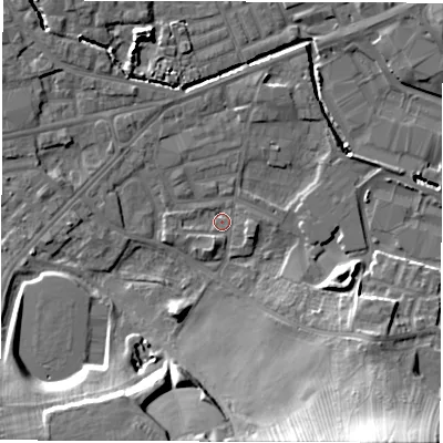 Shaded relief map of the ground around WF28SS, computed from Environment Agency LiDAR. The ground here sits at about 27 m above sea level and falls 25 m across the surrounding 800 m. Surface water reaching this point runs off ground lying to the south-east, 23.5 m higher.