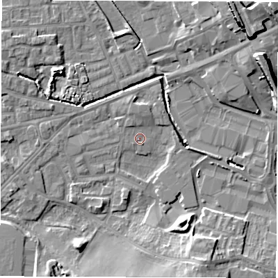 Shaded relief map of the ground around WF28ST, computed from Environment Agency LiDAR. The ground here sits at about 27 m above sea level and falls 18 m across the surrounding 800 m. Surface water reaching this point runs off ground lying to the south-south-east, 10.3 m higher.