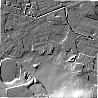 Shaded relief map of the ground around WF28SU, computed from Environment Agency LiDAR. The ground here sits at about 27 m above sea level and falls 27 m across the surrounding 800 m. Surface water reaching this point runs off ground lying to the south-east, 25.6 m higher.