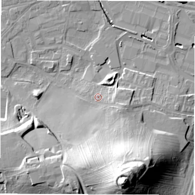 Shaded relief map of the ground around WF28SX, computed from Environment Agency LiDAR. The ground here sits at about 30 m above sea level and falls 43 m across the surrounding 800 m. Surface water reaching this point runs off ground lying to the east-south-east, 5.4 m higher.