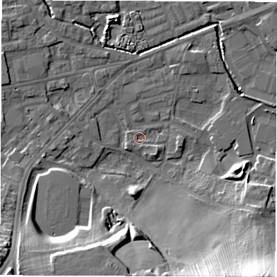 Shaded relief map of the ground around WF28SZ, computed from Environment Agency LiDAR. The ground here sits at about 27 m above sea level and falls 25 m across the surrounding 800 m. Surface water reaching this point runs off ground lying to the south-south-west, 16.2 m higher.