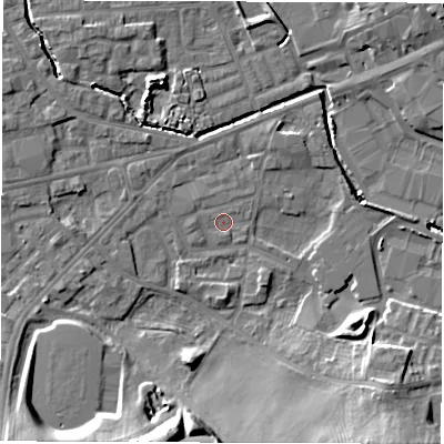 Shaded relief map of the ground around WF28TA, computed from Environment Agency LiDAR. The ground here sits at about 27 m above sea level and falls 15 m across the surrounding 800 m. Surface water reaching this point runs off ground lying to the south-south-west, 14.3 m higher.