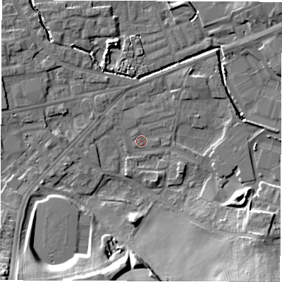 Shaded relief map of the ground around WF28TB, computed from Environment Agency LiDAR. The ground here sits at about 27 m above sea level and falls 16 m across the surrounding 800 m. Surface water reaching this point runs off ground lying to the south-west, 15.0 m higher.