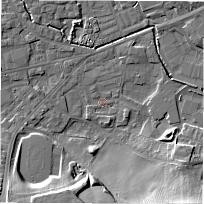 Shaded relief map of the ground around WF28TD, computed from Environment Agency LiDAR. The ground here sits at about 27 m above sea level and falls 19 m across the surrounding 800 m. Surface water reaching this point runs off ground lying to the south-west, 14.7 m higher.