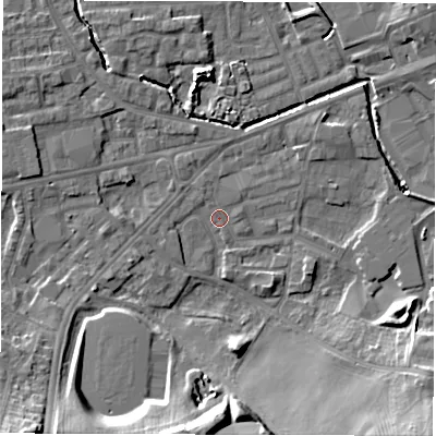 Shaded relief map of the ground around WF28TF, computed from Environment Agency LiDAR. The ground here sits at about 27 m above sea level and falls 16 m across the surrounding 800 m. Surface water reaching this point runs off ground lying to the south-west, 14.7 m higher.