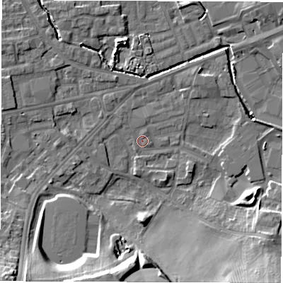 Shaded relief map of the ground around WF28TG, computed from Environment Agency LiDAR. The ground here sits at about 27 m above sea level and falls 17 m across the surrounding 800 m. Surface water reaching this point runs off ground lying to the south-west, 15.0 m higher.