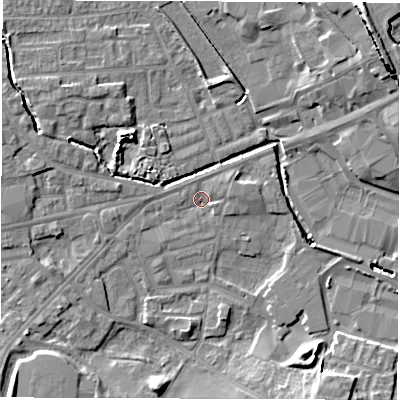 Shaded relief map of the ground around WF28TJ, computed from Environment Agency LiDAR. The ground here sits at about 27 m above sea level and falls 19 m across the surrounding 800 m. Surface water reaching this point runs off ground lying to the south-south-east, 8.2 m higher.