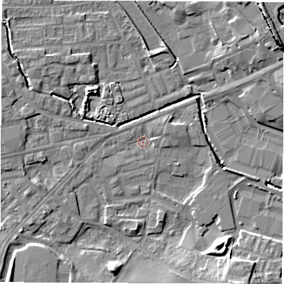 Shaded relief map of the ground around WF28TL, computed from Environment Agency LiDAR. The ground here sits at about 27 m above sea level and falls 18 m across the surrounding 800 m. Surface water reaching this point runs off ground lying to the south-south-east, 9.6 m higher.