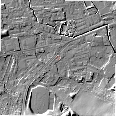 Shaded relief map of the ground around WF28TN, computed from Environment Agency LiDAR. The ground here sits at about 27 m above sea level and falls 16 m across the surrounding 800 m. Surface water reaching this point runs off ground lying to the south-west, 15.7 m higher.