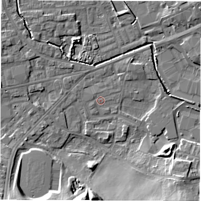 Shaded relief map of the ground around WF28TQ, computed from Environment Agency LiDAR. The ground here sits at about 27 m above sea level and falls 15 m across the surrounding 800 m. Surface water reaching this point runs off ground lying to the south-west, 11.0 m higher.