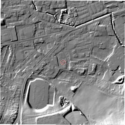 Shaded relief map of the ground around WF28TR, computed from Environment Agency LiDAR. The ground here sits at about 27 m above sea level and falls 20 m across the surrounding 800 m. Surface water reaching this point runs off ground lying to the south-west, 16.0 m higher.