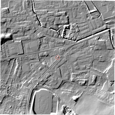 Shaded relief map of the ground around WF28TS, computed from Environment Agency LiDAR. The ground here sits at about 28 m above sea level and falls 15 m across the surrounding 800 m. Surface water reaching this point runs off ground lying to the west, 2.1 m higher.