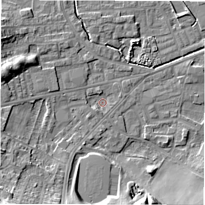 Shaded relief map of the ground around WF28TT, computed from Environment Agency LiDAR. The ground here sits at about 27 m above sea level and falls 19 m across the surrounding 800 m. Surface water reaching this point runs off ground lying to the south-south-west, 1.7 m higher.