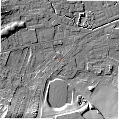 Shaded relief map of the ground around WF28TU, computed from Environment Agency LiDAR. The ground here sits at about 28 m above sea level and falls 23 m across the surrounding 800 m. Surface water reaching this point runs off ground lying to the south-west, 20.2 m higher.