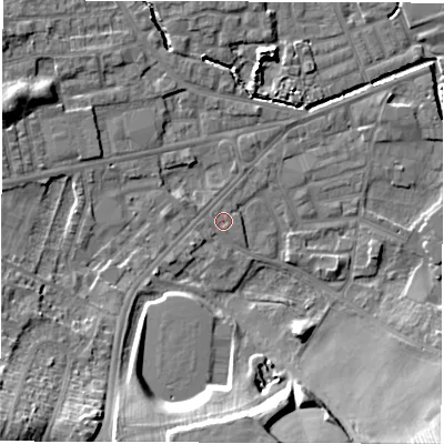 Shaded relief map of the ground around WF28TW, computed from Environment Agency LiDAR. The ground here sits at about 27 m above sea level and falls 21 m across the surrounding 800 m. Surface water reaching this point runs off ground lying to the south-west, 19.7 m higher.
