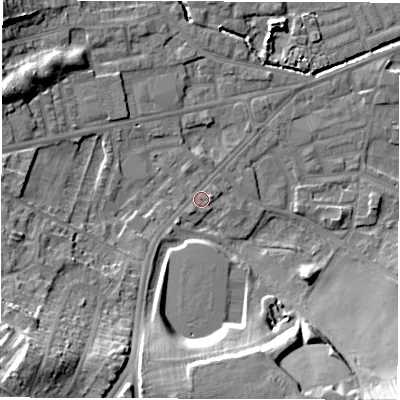 Shaded relief map of the ground around WF28TY, computed from Environment Agency LiDAR. The ground here sits at about 28 m above sea level and falls 23 m across the surrounding 800 m. Surface water reaching this point runs off ground lying to the south-south-west, 13.8 m higher.