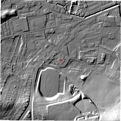 Shaded relief map of the ground around WF28UD, computed from Environment Agency LiDAR. The ground here sits at about 28 m above sea level and falls 24 m across the surrounding 800 m. Surface water reaching this point runs off ground lying to the north-north-west, 0.8 m higher.