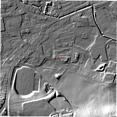 Shaded relief map of the ground around WF28WJ, computed from Environment Agency LiDAR. The ground here sits at about 27 m above sea level and falls 29 m across the surrounding 800 m. Surface water reaching this point runs off ground lying to the south, 18.8 m higher.