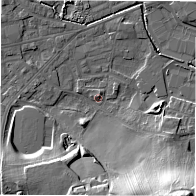 Shaded relief map of the ground around WF28WL, computed from Environment Agency LiDAR. The ground here sits at about 28 m above sea level and falls 34 m across the surrounding 800 m. Surface water reaching this point runs off ground lying to the south-east, 32.8 m higher.
