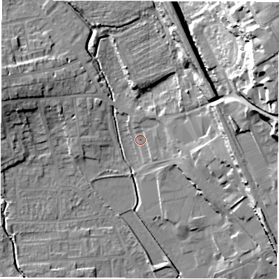 Shaded relief map of the ground around WF29AH, computed from Environment Agency LiDAR. The ground here sits at about 30 m above sea level and falls 33 m across the surrounding 800 m. Surface water reaching this point runs off ground lying to the east-north-east, 15.7 m higher.