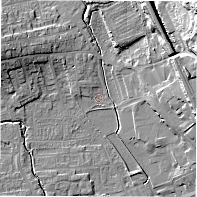 Shaded relief map of the ground around WF29AJ, computed from Environment Agency LiDAR. The ground here sits at about 29 m above sea level and falls 32 m across the surrounding 800 m. Surface water reaching this point runs off ground lying to the north-west, 2.9 m higher.