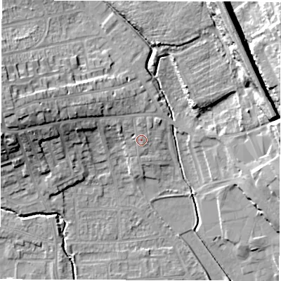 Shaded relief map of the ground around WF29AN, computed from Environment Agency LiDAR. The ground here sits at about 32 m above sea level and falls 22 m across the surrounding 800 m. Surface water reaching this point runs off ground lying to the west-north-west, 6.0 m higher.