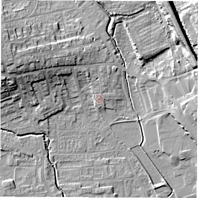 Shaded relief map of the ground around WF29AT, computed from Environment Agency LiDAR. The ground here sits at about 32 m above sea level and falls 22 m across the surrounding 800 m. Surface water reaching this point runs off ground lying to the north, 1.3 m higher.