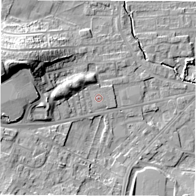 Shaded relief map of the ground around WF29BE, computed from Environment Agency LiDAR. The ground here sits at about 30 m above sea level and falls 27 m across the surrounding 800 m. Surface water reaching this point runs off ground lying to the west, 6.1 m higher.