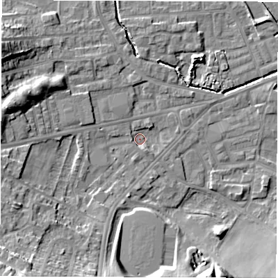 Shaded relief map of the ground around WF29BH, computed from Environment Agency LiDAR. The ground here sits at about 27 m above sea level and falls 18 m across the surrounding 800 m. Surface water reaching this point runs off ground lying to the west-north-west, 2.0 m higher.